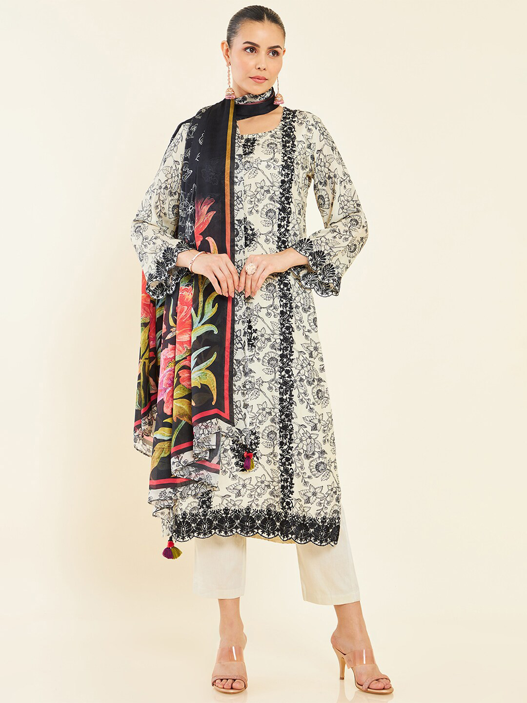 

Soch Cream-Coloured & Black Printed Unstitched Dress Material