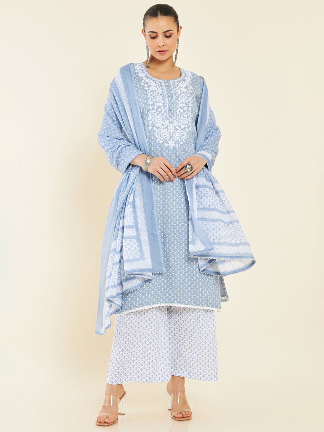 

Soch Blue & White Printed Pure Cotton Unstitched Dress Material