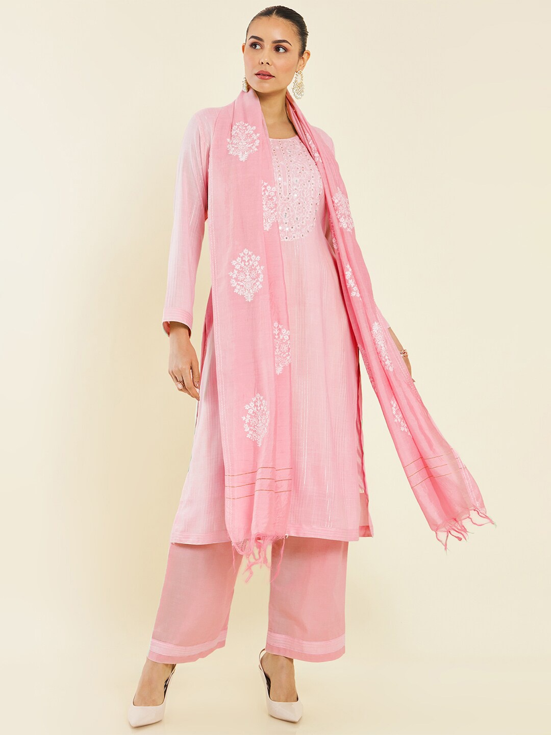 

Soch Pink & White Embroidered Pure Cotton Unstitched Dress Material