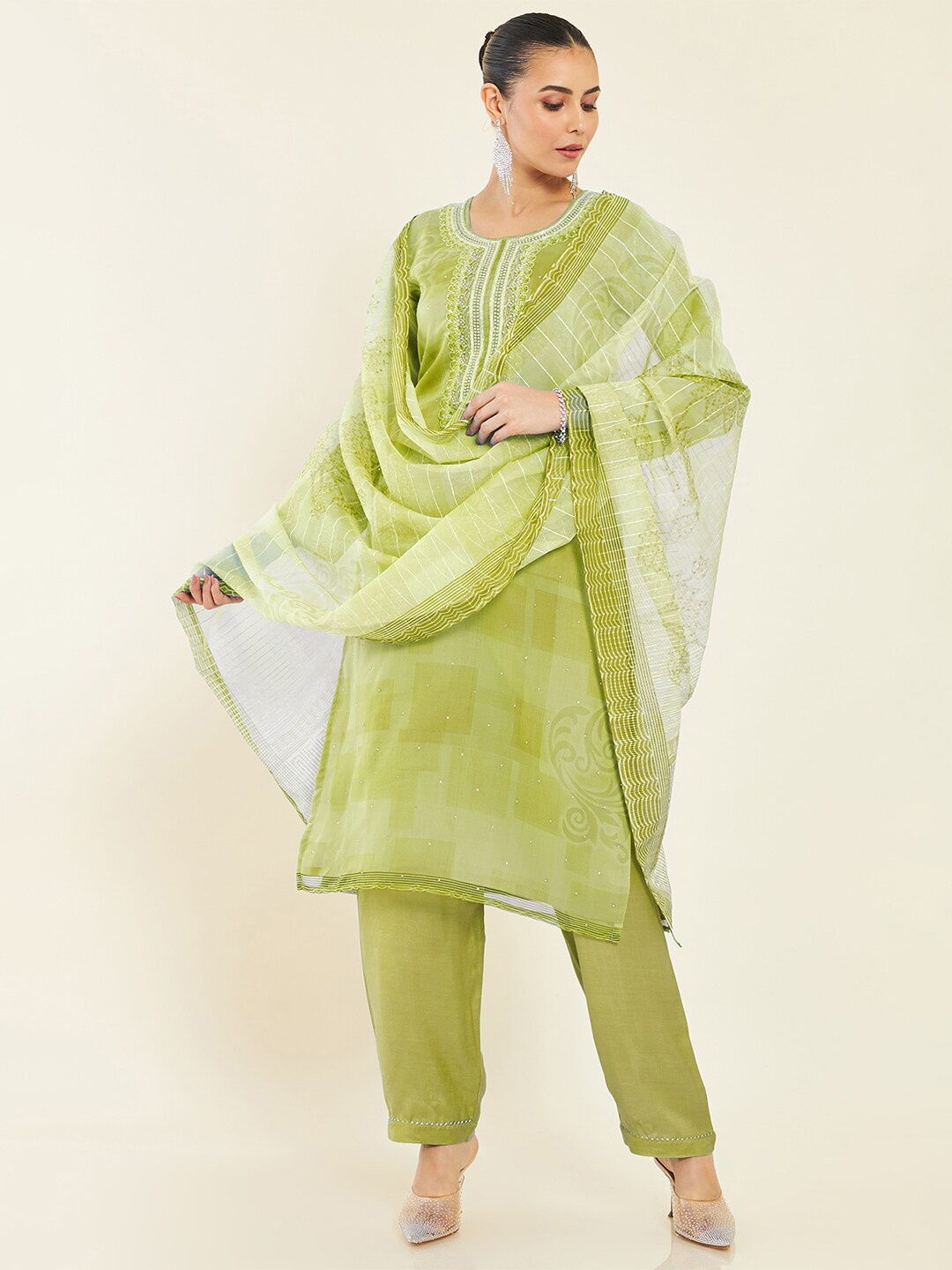 

Soch Olive Green Printed Unstitched Dress Material