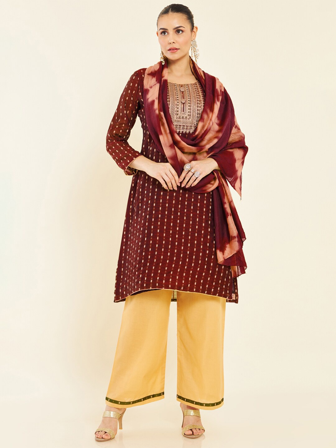 

Soch Maroon & Beige Unstitched Dress Material