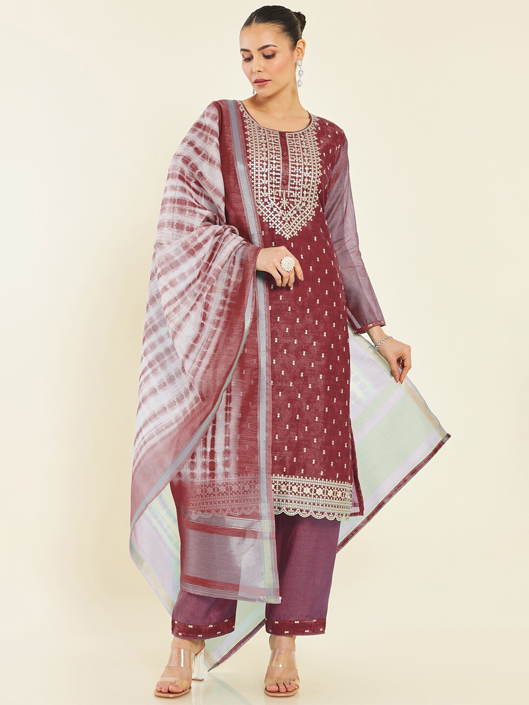 

Soch Brown & Grey Embroidered Unstitched Dress Material