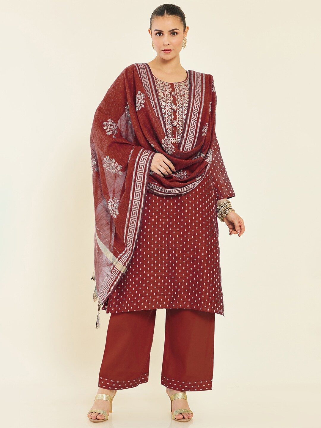 

Soch Woven Design Sequinned Unstitched Dress Material, Rust