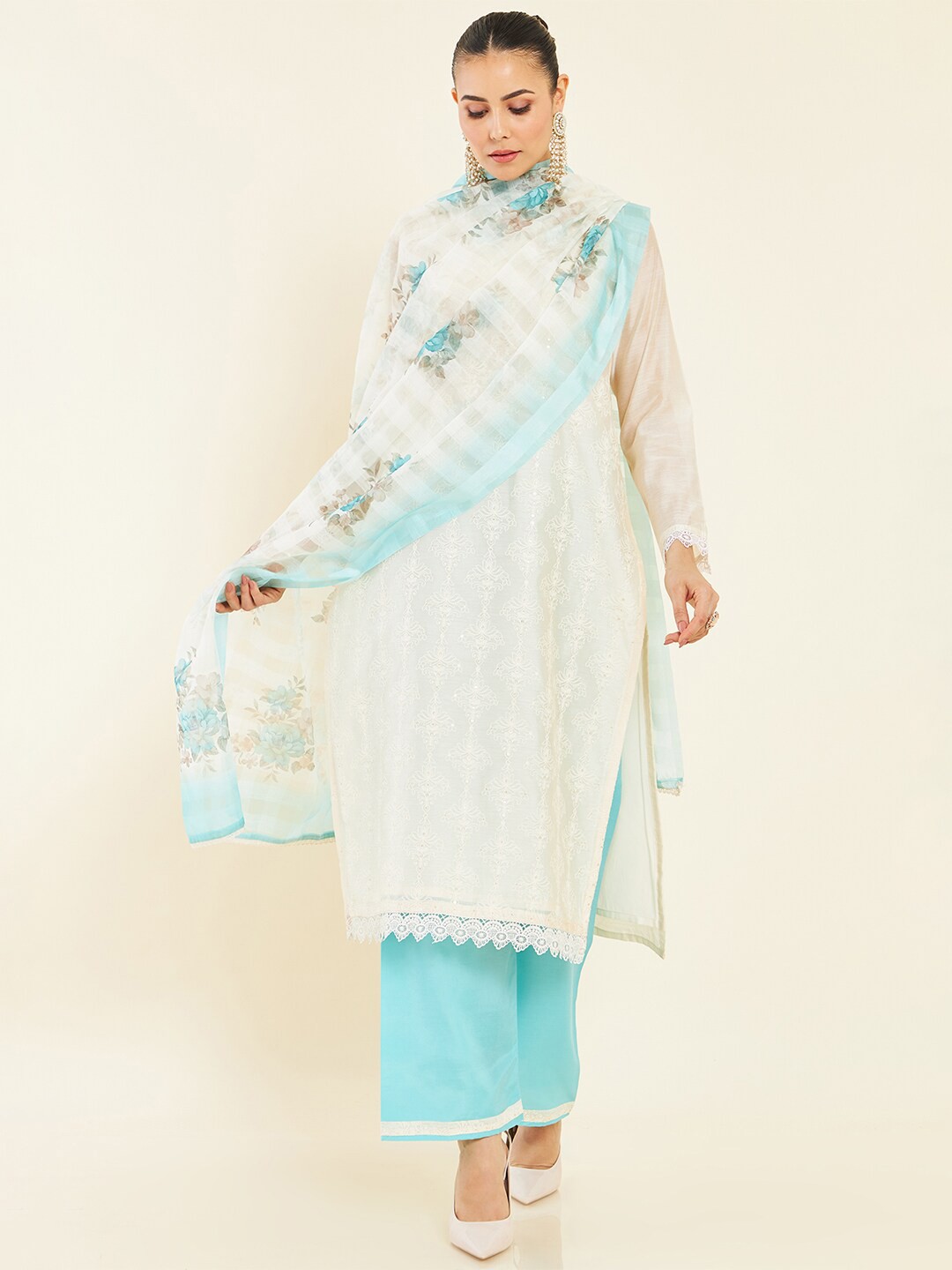 

Soch Printed Embroidered Sequinned Pure Silk Unstitched Dress Material, Beige