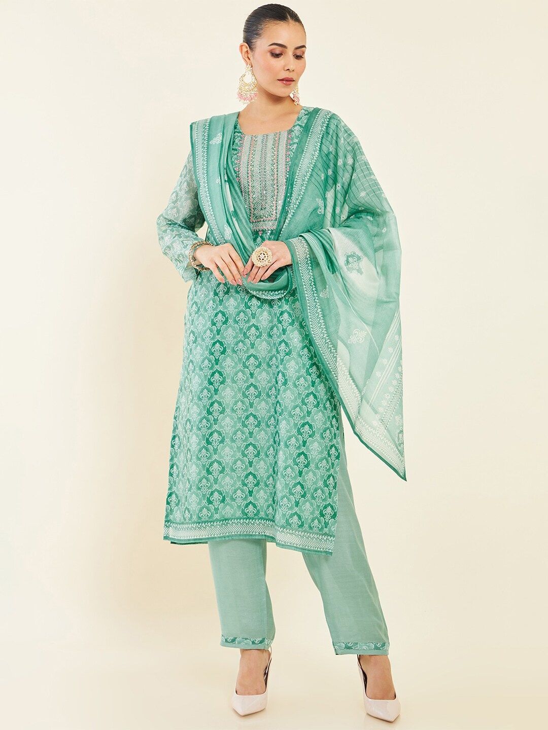 

Soch Printed Sequinned Pure Silk Unstitched Dress Material, Sea green
