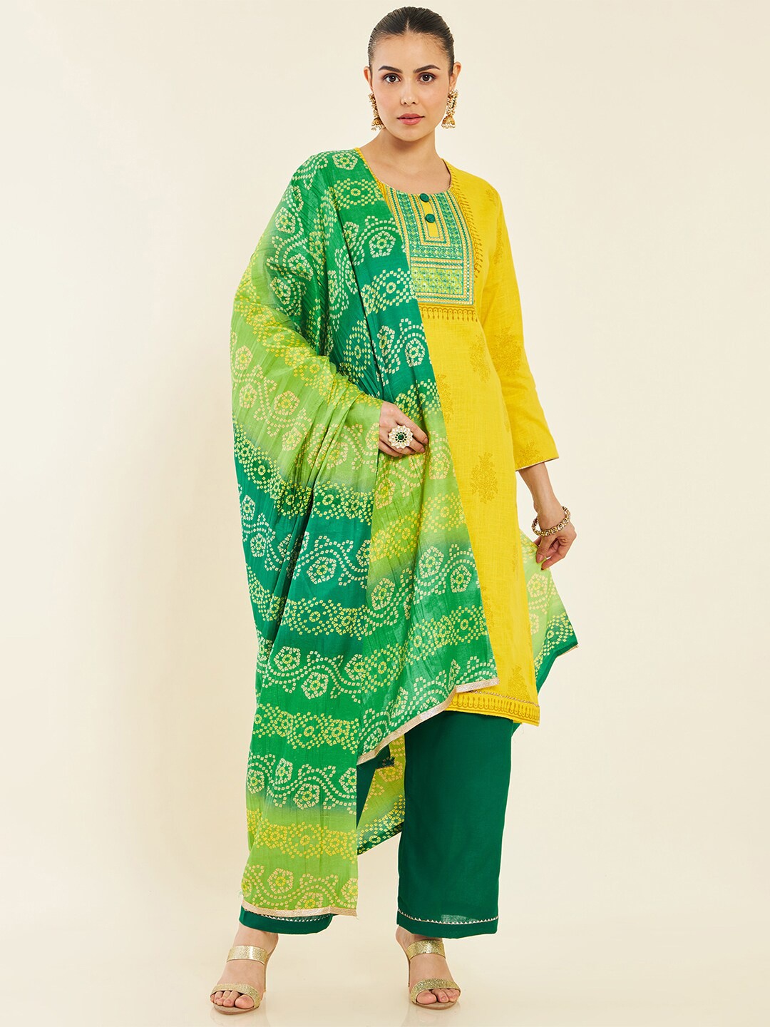 

Soch Printed Sequinned Pure Cotton Unstitched Dress Material, Yellow