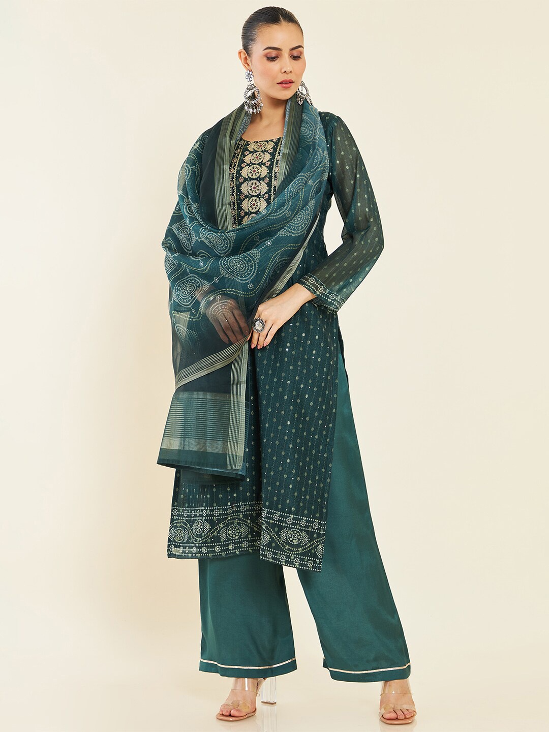 

Soch Embroidered Sequinned Pure Silk Unstitched Dress Material, Teal