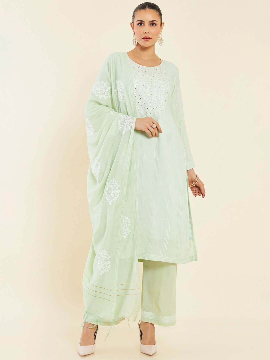 

Soch Embroidered Sequinned Pure Cotton Unstitched Dress Material, Lime green