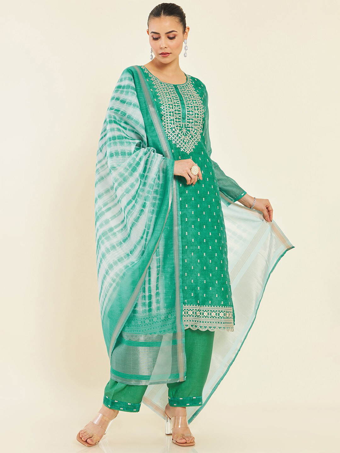 

Soch Embroidered Sequinned Pure Silk Unstitched Dress Material, Sea green