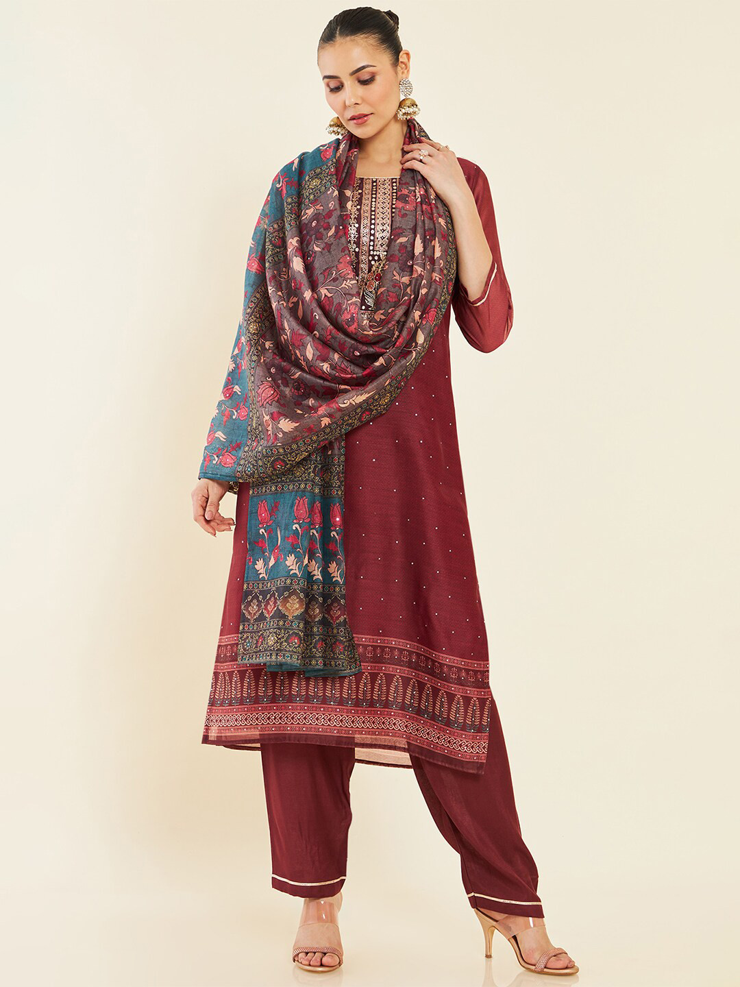 

Soch Woven Design Mirror Work Pure Silk Unstitched Dress Material, Maroon