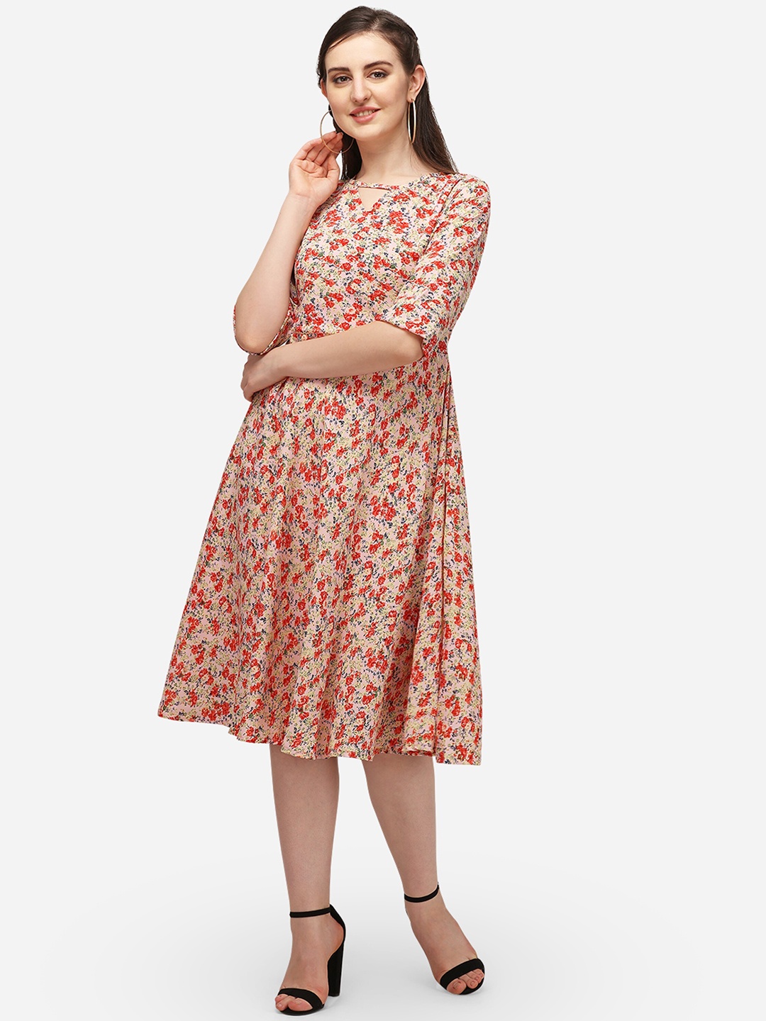 

KALINI Floral Printed Georgette Fit & Flare Dress, Beige