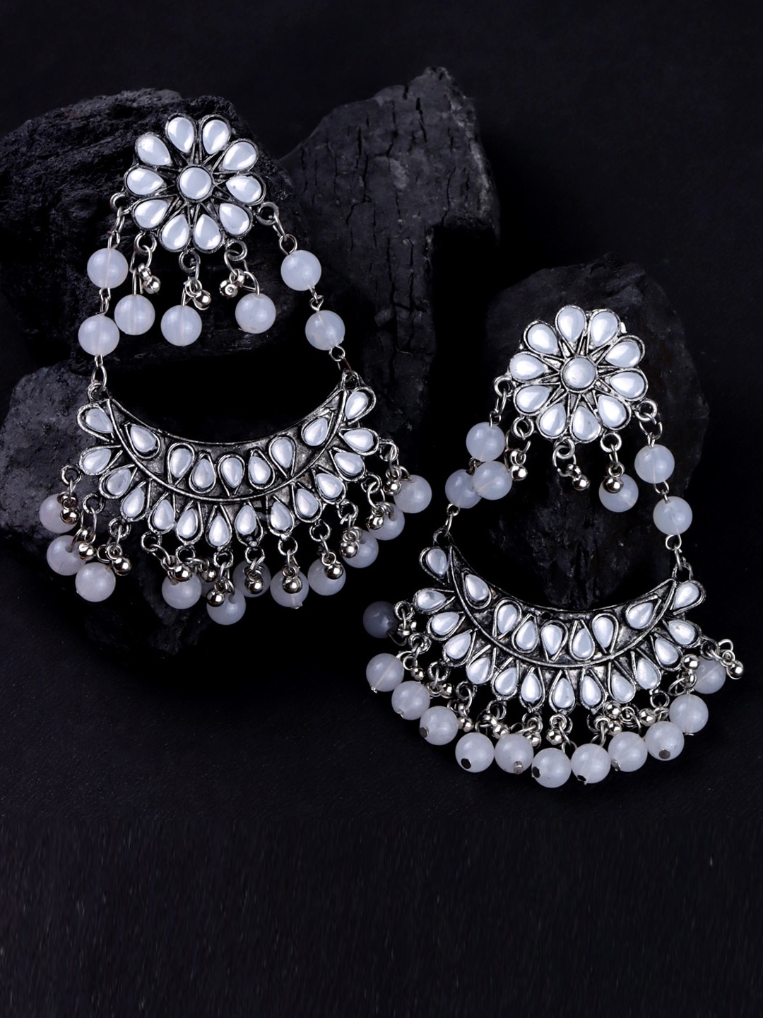 

VAGHBHATT Stone-Studded & Beaded Classic Chandbalis Earrings, Silver