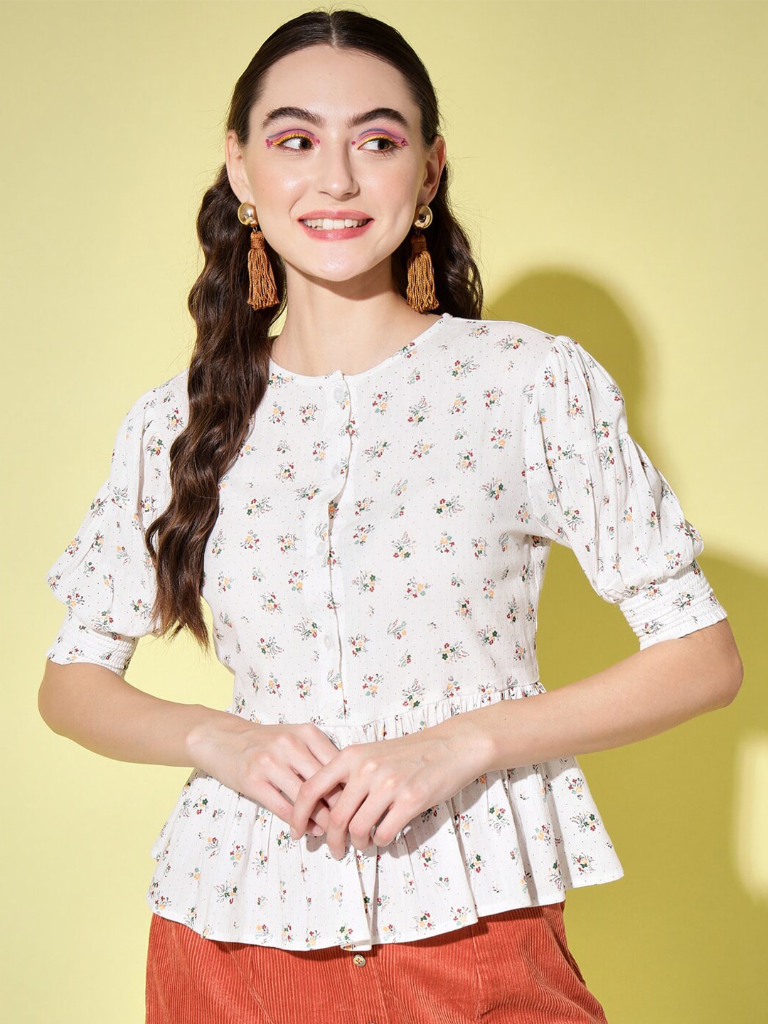 

Trend Arrest Floral Printed Puff Sleeves Peplum Top, White
