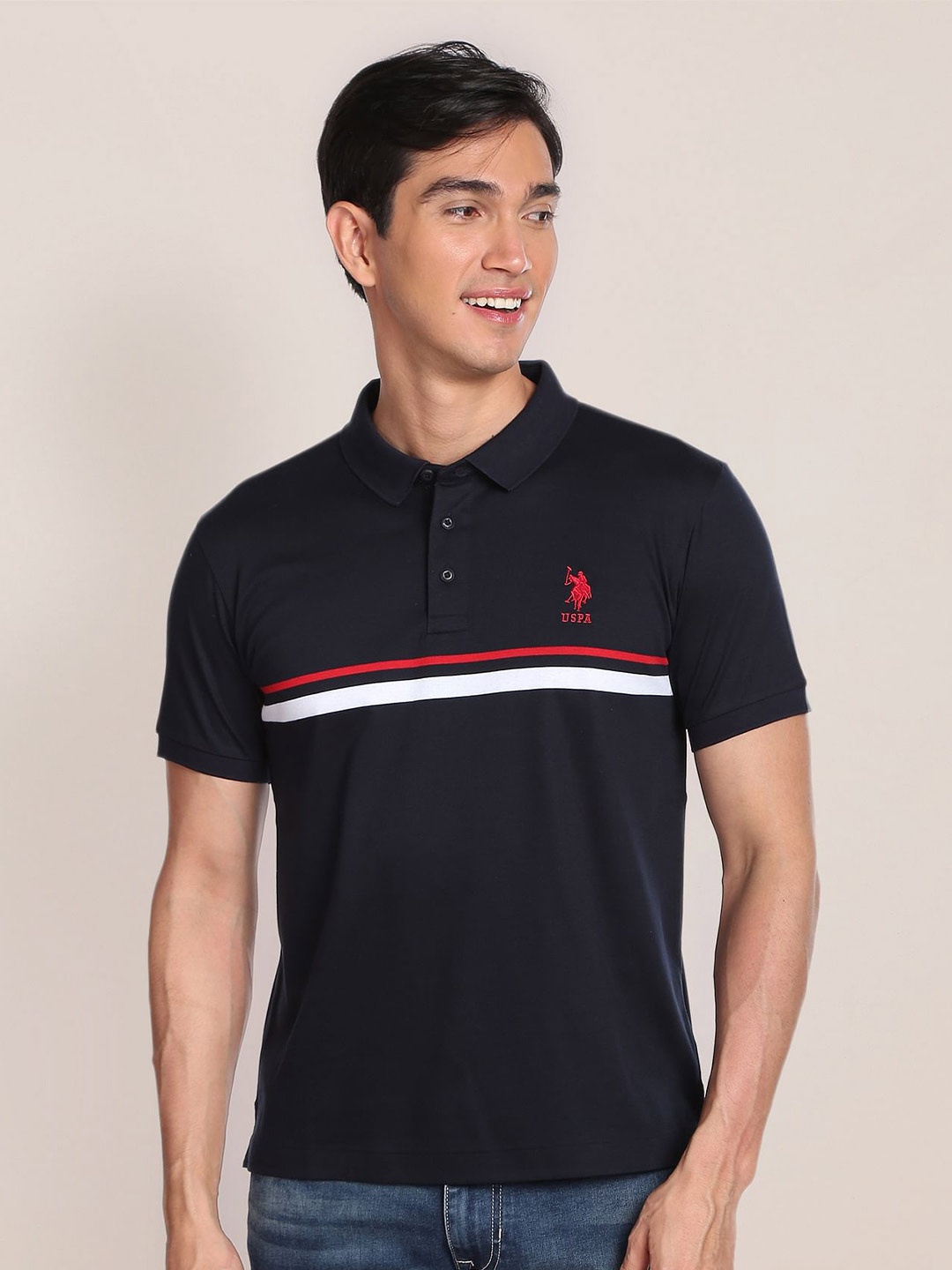 

U.S. Polo Assn. Striped Polo Collar Pure Cotton T-shirt, Navy blue