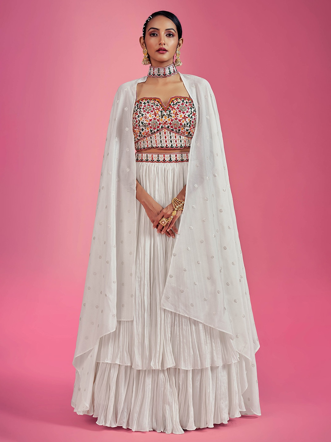

Fusionic Embroidered Sleeveless Ready to Wear Lehenga & Blouse With Dupatta, White