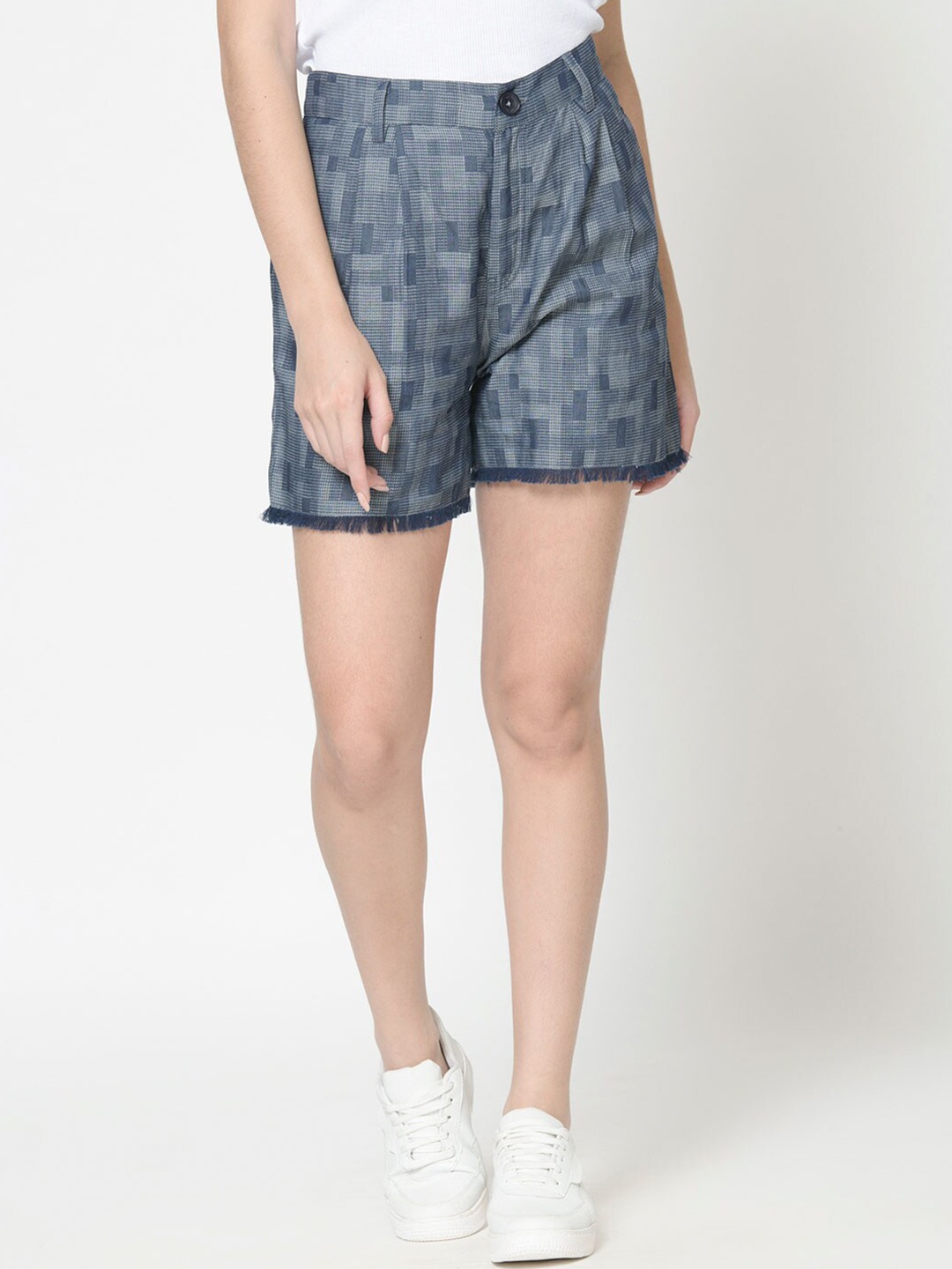 

urSense Women Checked Mid Rise Cotton Shorts, Blue