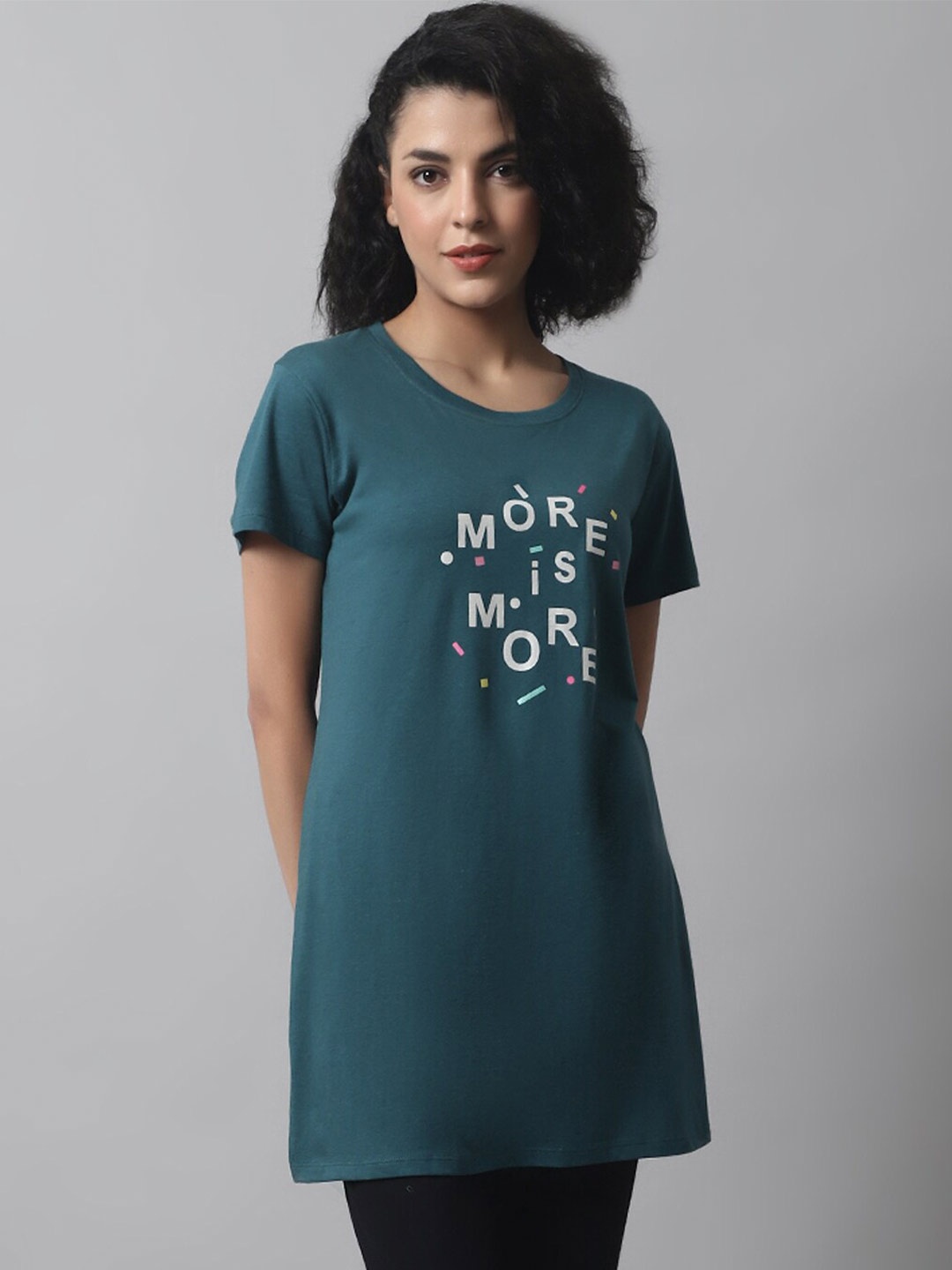 

Kanvin Teal Typography Printed Oversized Longline T-shirt