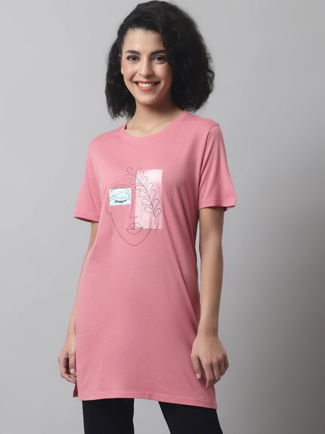 

Kanvin Pink Graphic Printed Oversized Longline T-shirt