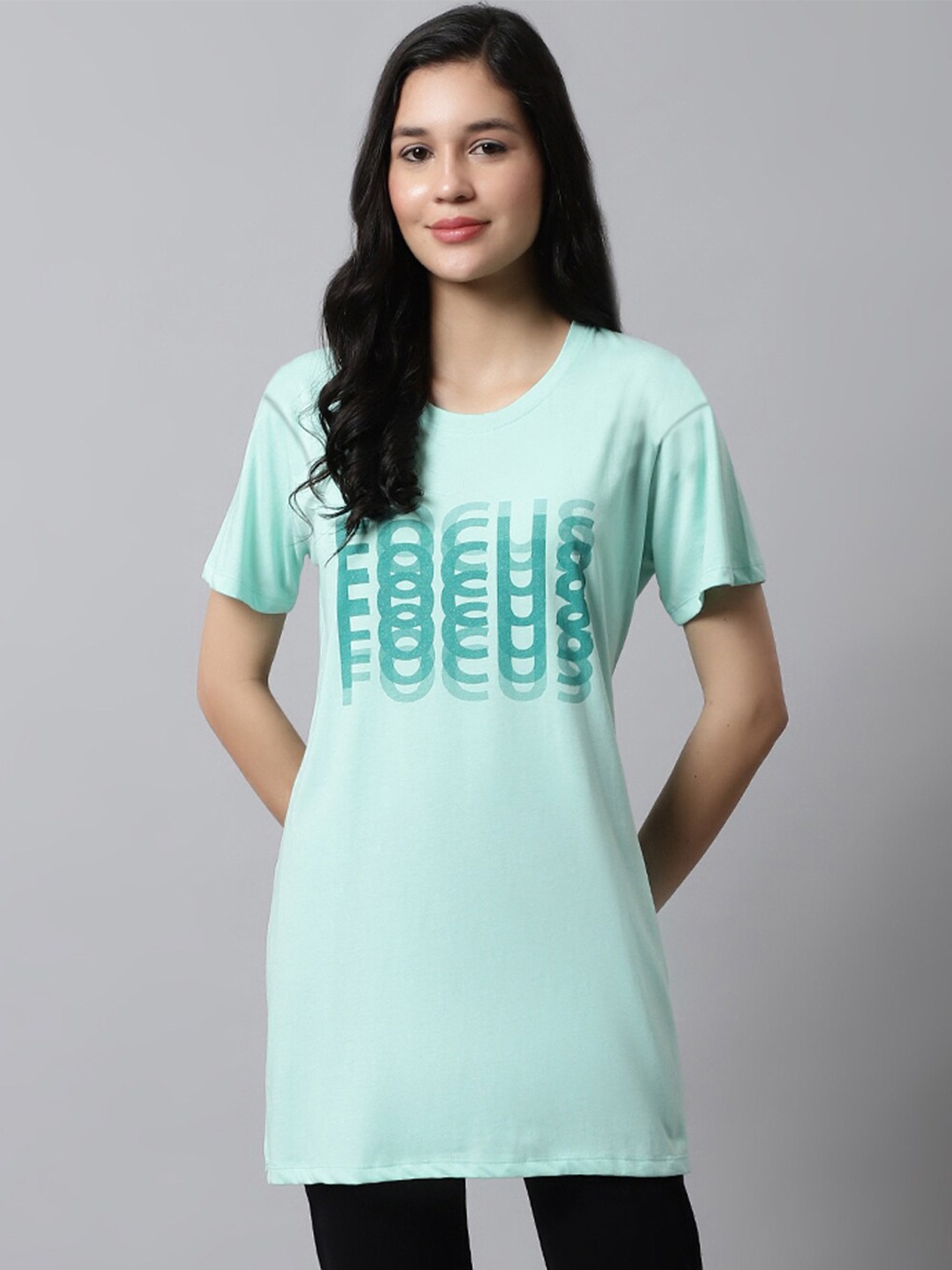 

Kanvin Green Typography Printed Drop Shoulder Sleeves Modal Oversized T-shirt