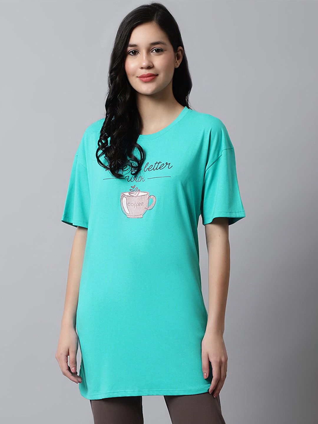 

Kanvin Blue Typography Printed Drop Shoulder Sleeves Modal Oversized T-shirt