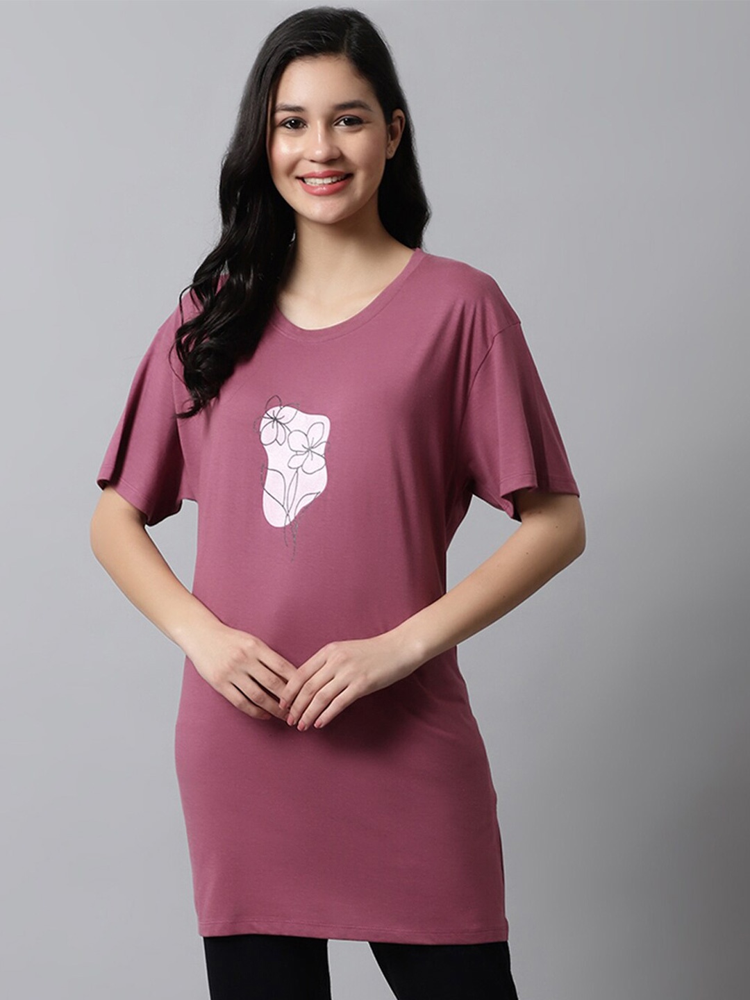 

Kanvin Mauve Floral Printed Drop Shoulder Sleeves Modal Oversized T-shirt