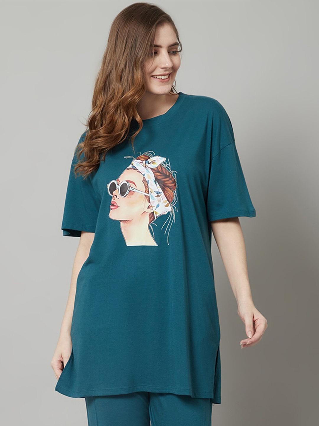 

Kanvin Teal blue Graphic Printed Drop Shoulder Sleeves Modal Oversized T-shirt