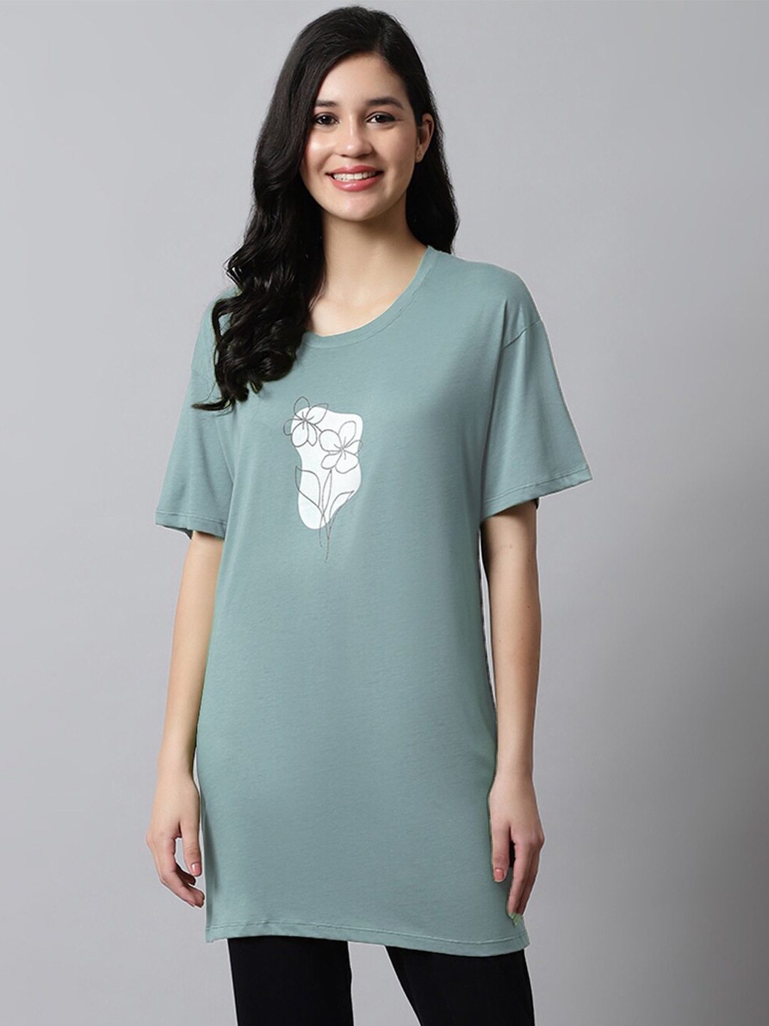 

Kanvin Green Floral Printed Drop Shoulder Sleeves Modal Oversized T-shirt