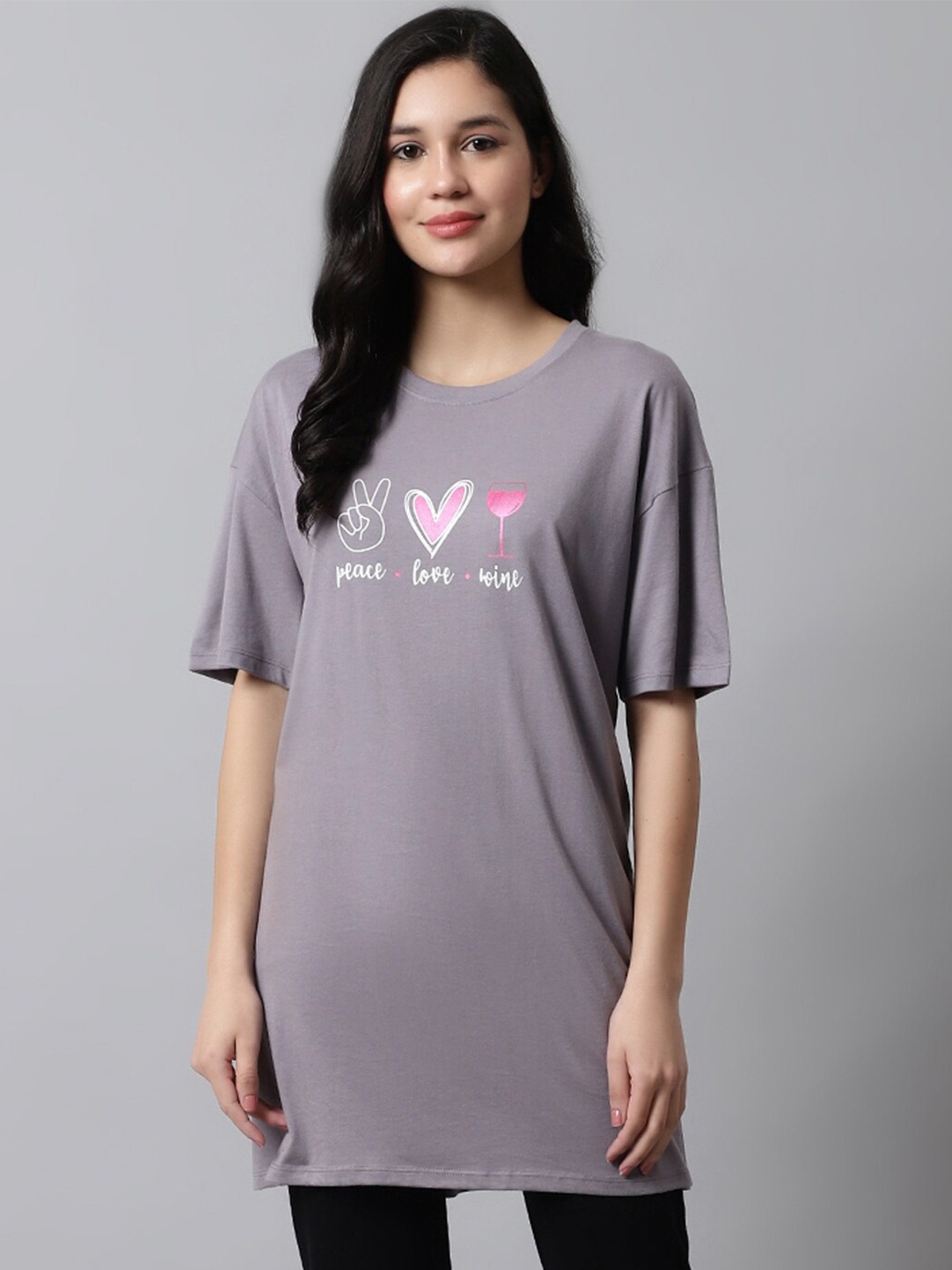

Kanvin Grey Graphic Printed Drop Shoulder Sleeves Modal Oversized T-shirt