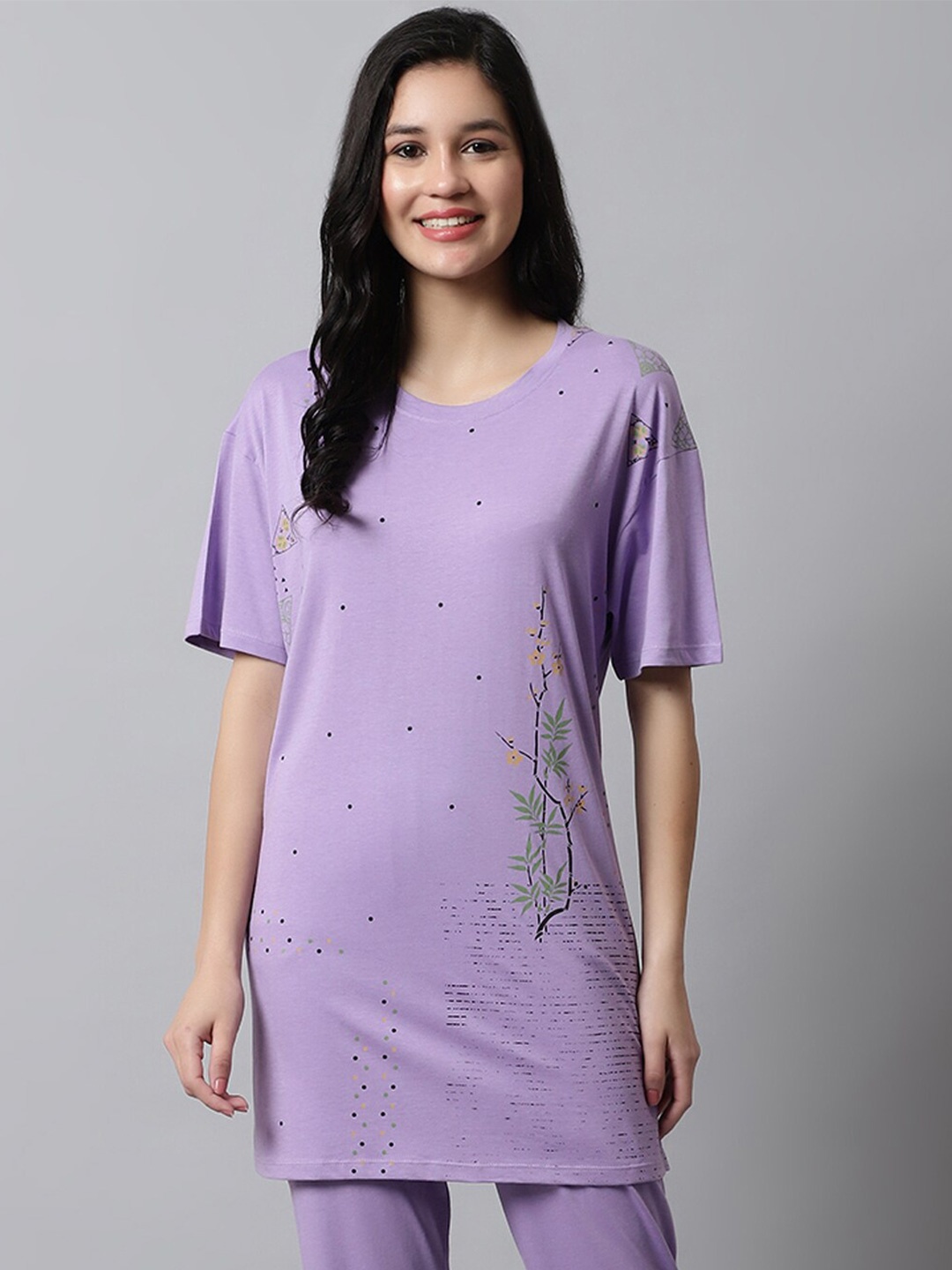 

Kanvin Purple Graphic Printed Drop Shoulder Sleeves Modal Oversized T-shirt