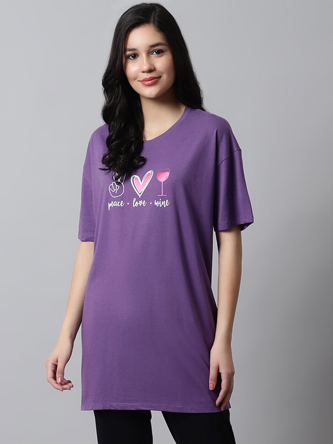 

Kanvin Purple Graphic Printed Drop Shoulder Sleeves Modal Oversized T-shirt