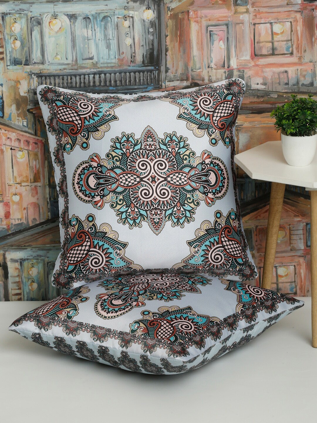 

Alina decor White & Blue 2 Pieces Ethnic Motifs Square Cushion Covers