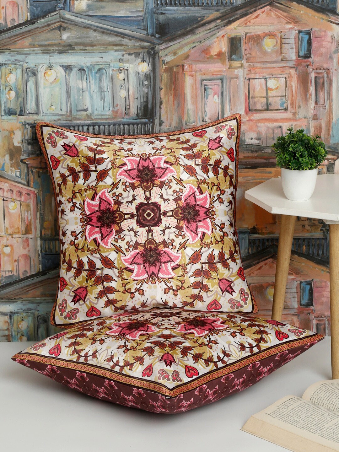 

Alina decor Pink & Brown 2 Pieces Ethnic Motifs Square Cushion Covers