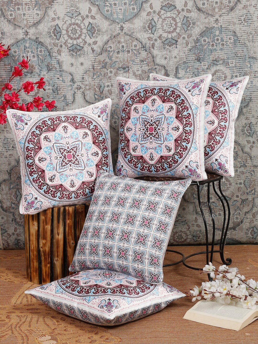 

Alina decor Peach-Coloured & Blue 5 Pieces Ethnic Motifs Square Cushion Covers