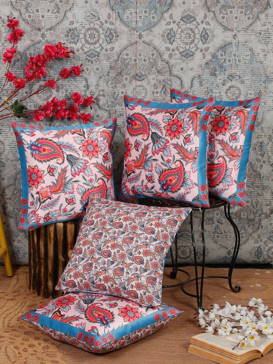 

Alina decor Pink & Blue 5 Pieces Ethnic Motifs Square Cushion Covers