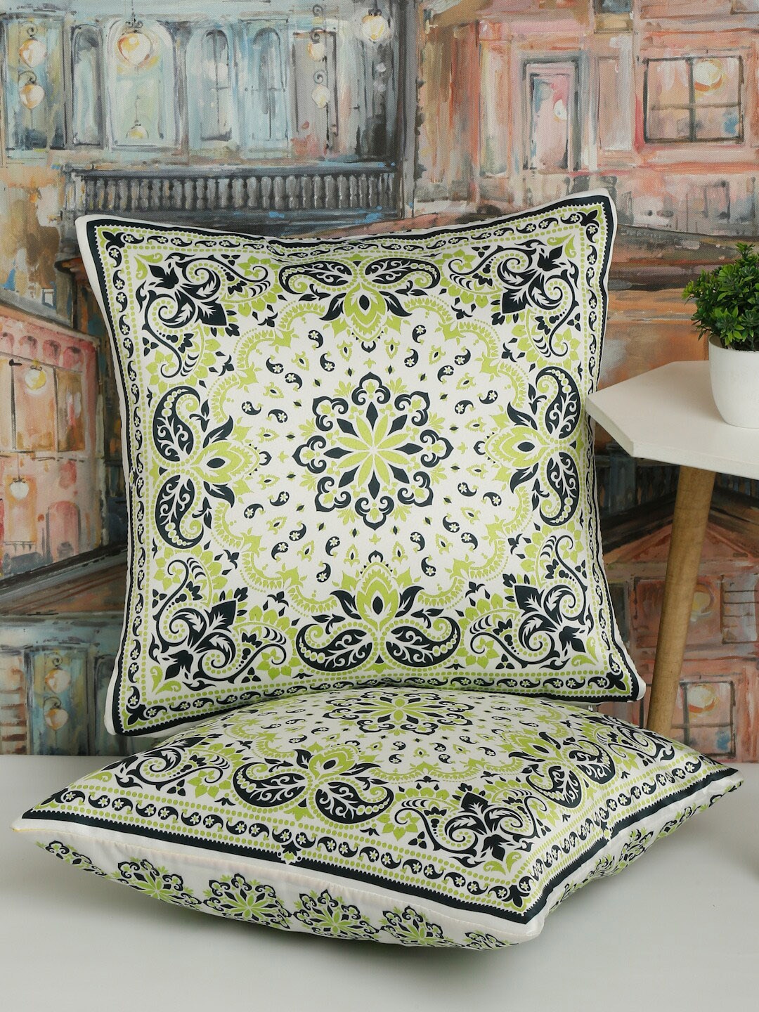 

Alina decor Green & White 2 Pieces Ethnic Motifs Square Cushion Covers
