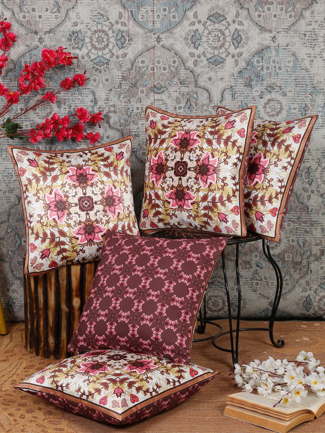 

Alina decor Pink & Brown 5 Pieces Ethnic Motifs Square Cushion Covers