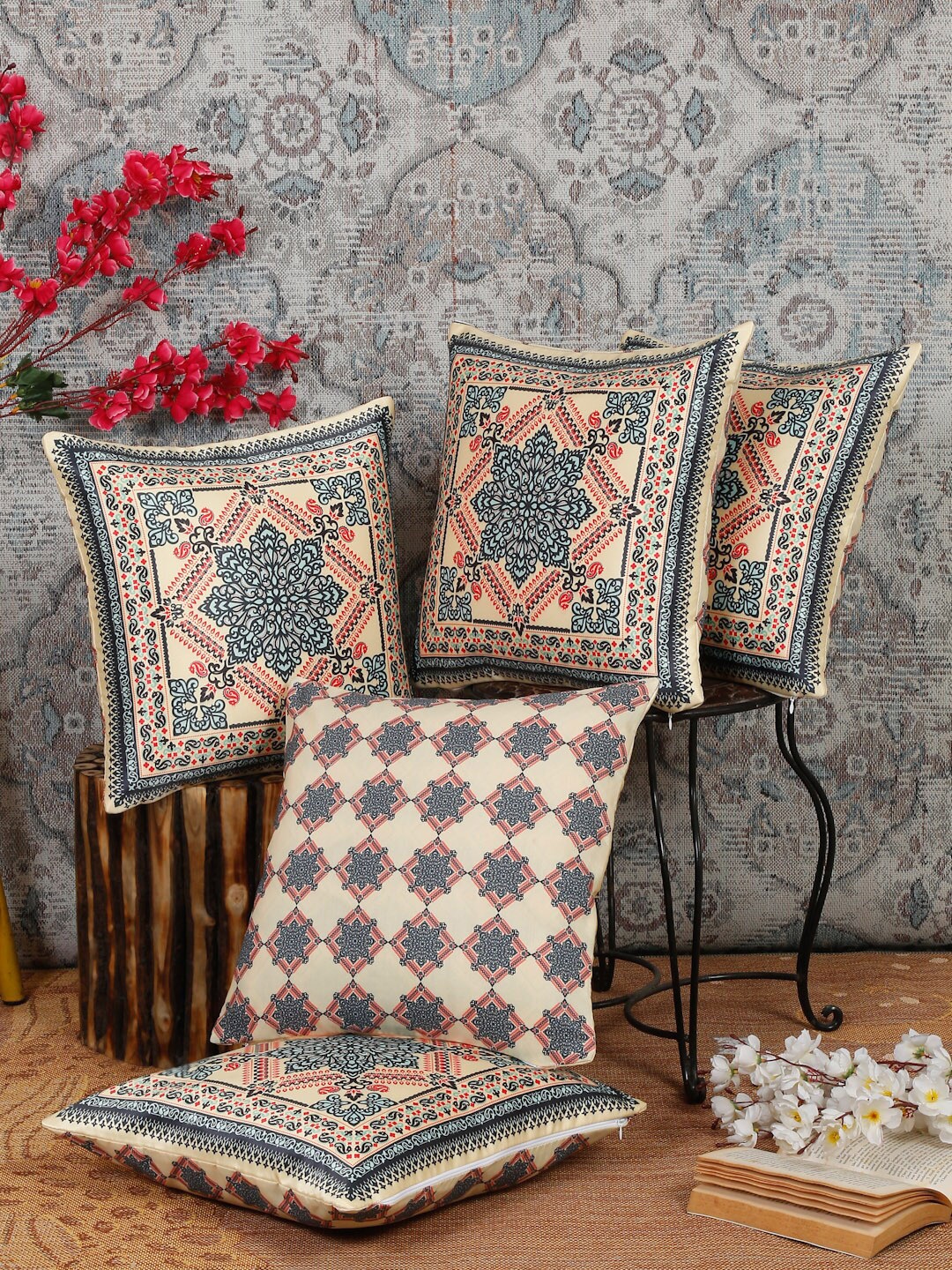 Alina decor Beige & Blue 5 Pieces Ethnic Motifs Square Cushion Covers