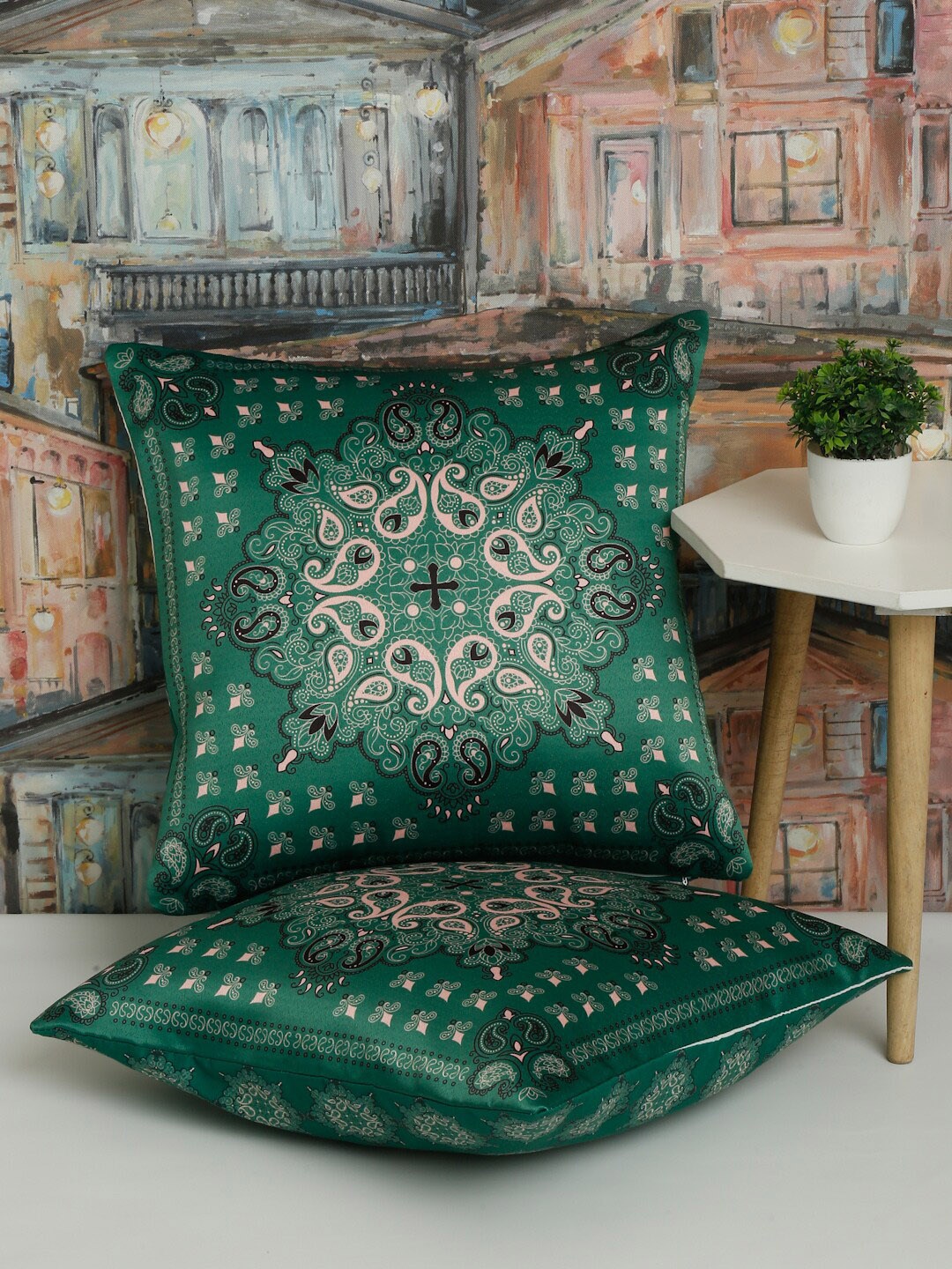 

Alina decor Green & Black 2 Pieces Ethnic Motifs Square Cushion Covers