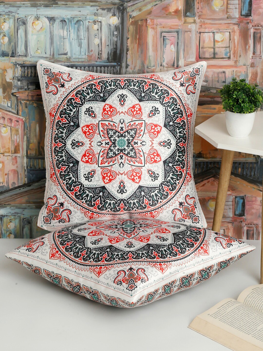 Alina decor Orange & White 2 Pieces Ethnic Motifs Square Cushion Covers