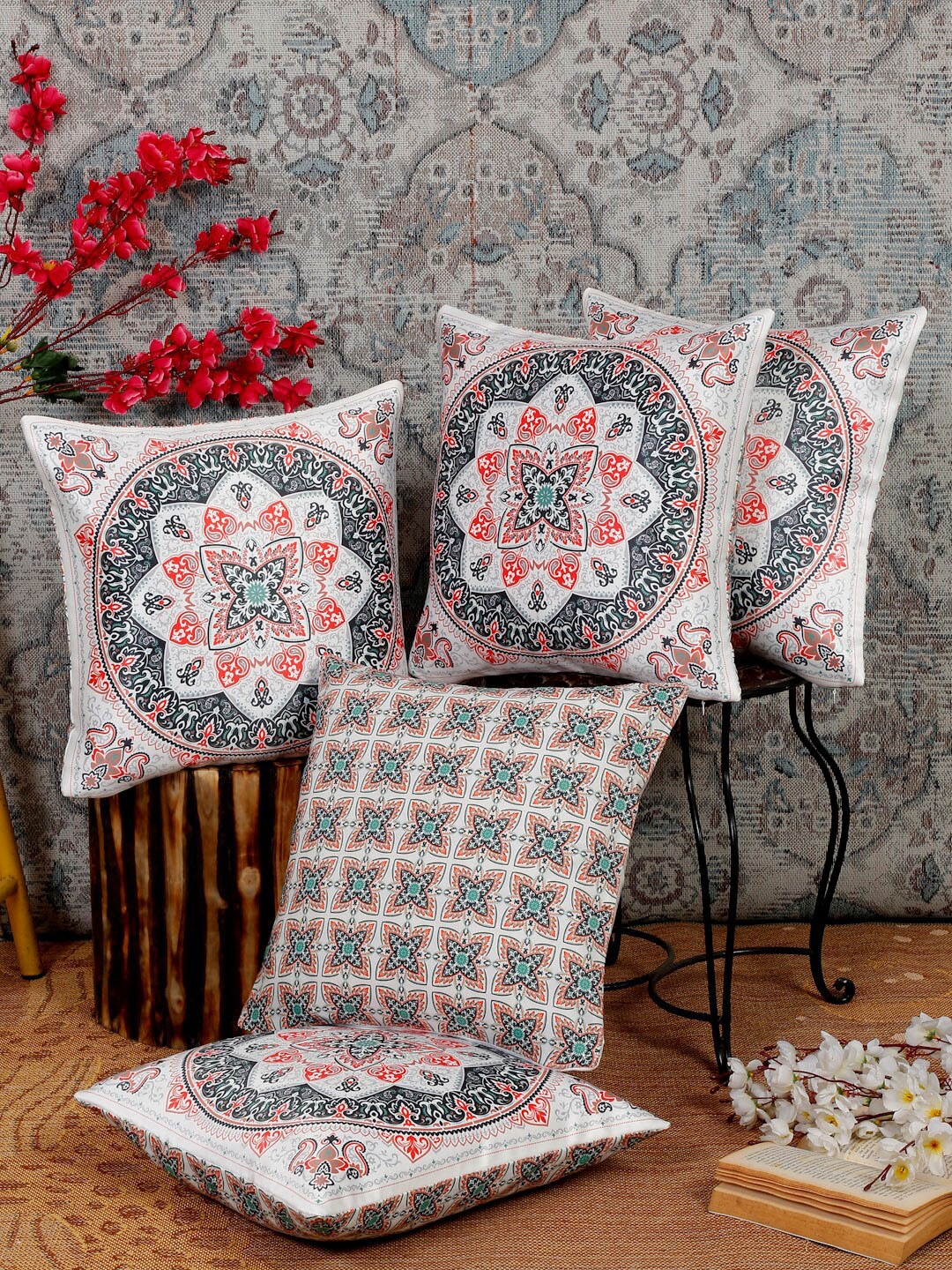 

Alina decor Orange & White 5 Pieces Ethnic Motifs Square Cushion Covers