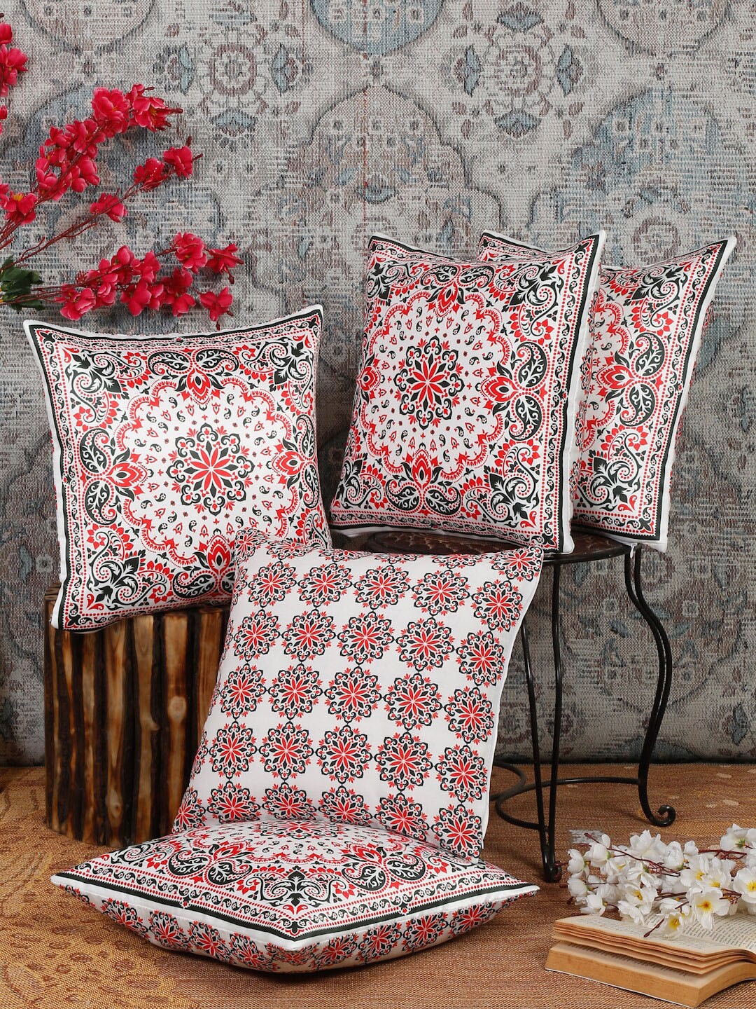 

Alina decor Red & White 5 Pieces Ethnic Motifs Square Cushion Covers