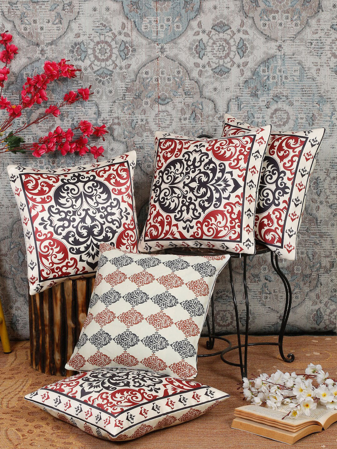 

Alina decor Red & Blue 5 Pieces Ethnic Motifs Square Cushion Covers