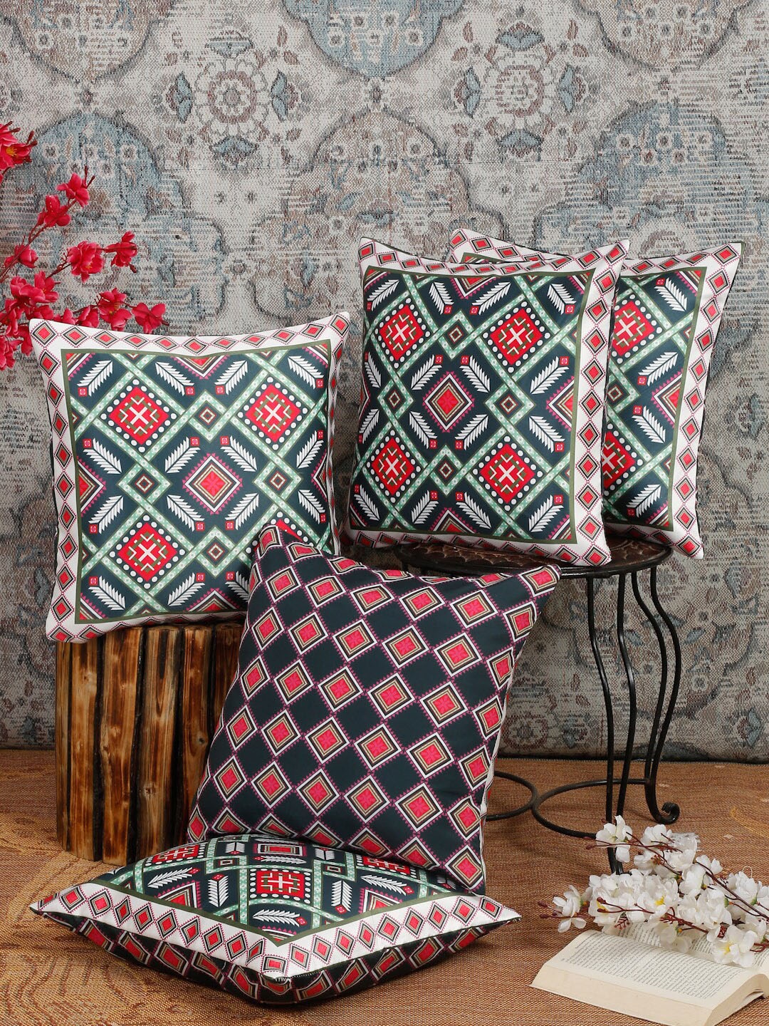

Alina decor Green & Blue 5 Pieces Ethnic Motifs Square Cushion Covers