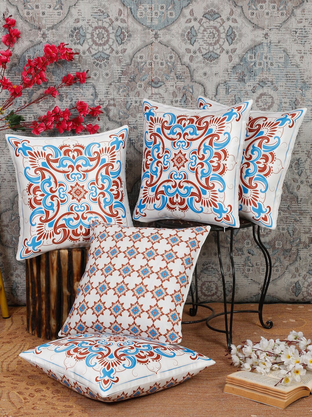 

Alina decor Blue & White 5 Pieces Ethnic Motifs Square Cushion Covers