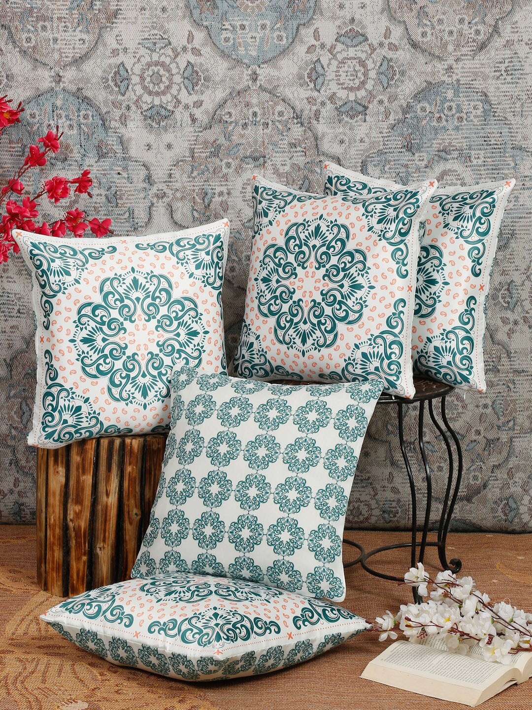 

Alina decor Green & White 5 Pieces Ethnic Motifs Square Cushion Covers