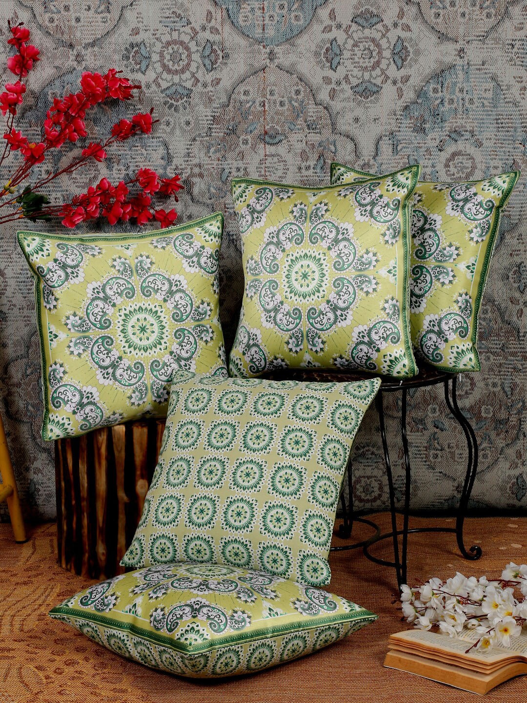 

Alina decor Green & White 5 Pieces Ethnic Motifs Square Cushion Covers
