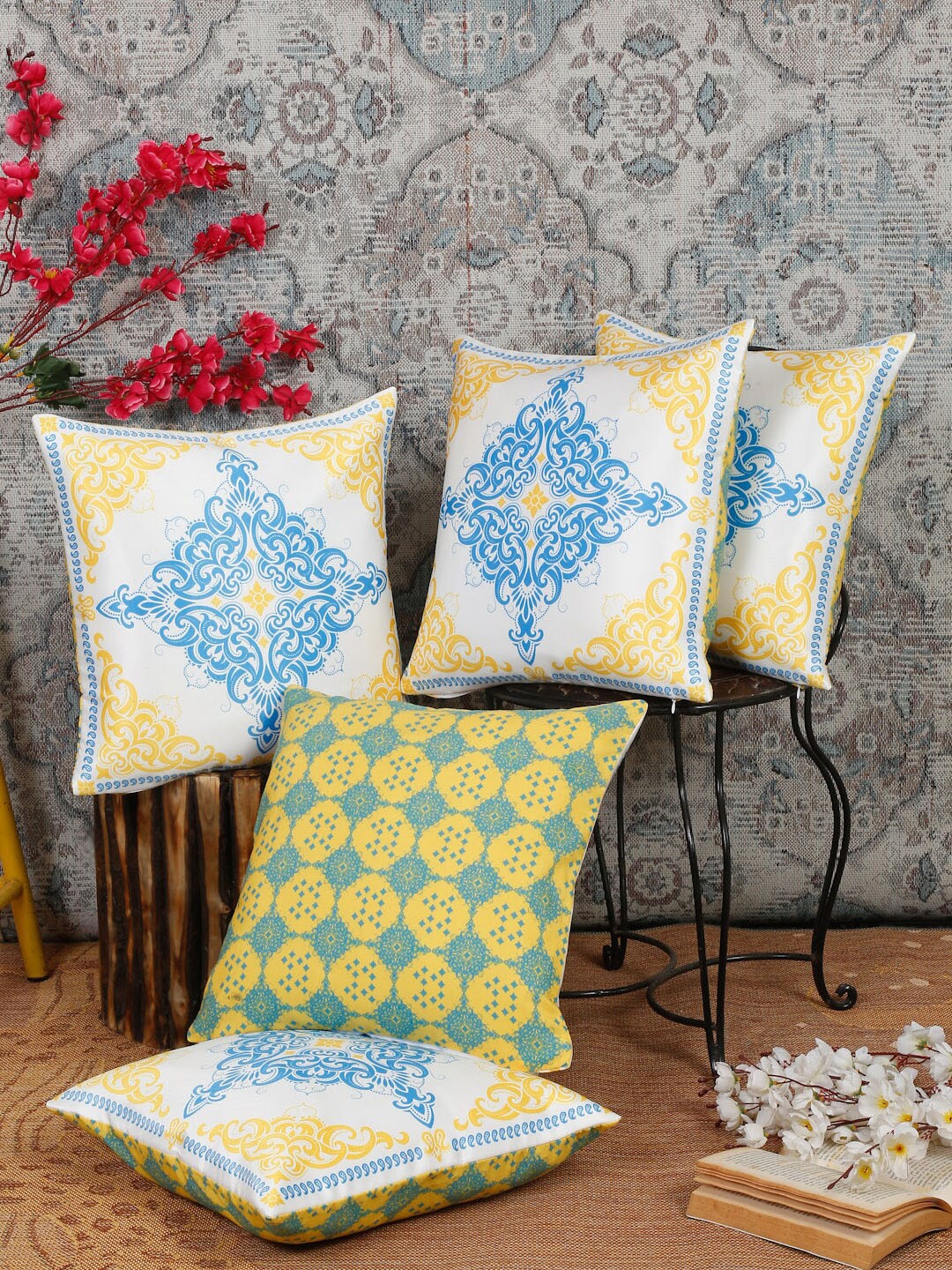 

Alina decor Blue & Yellow 5 Pieces Ethnic Motifs Square Cushion Covers