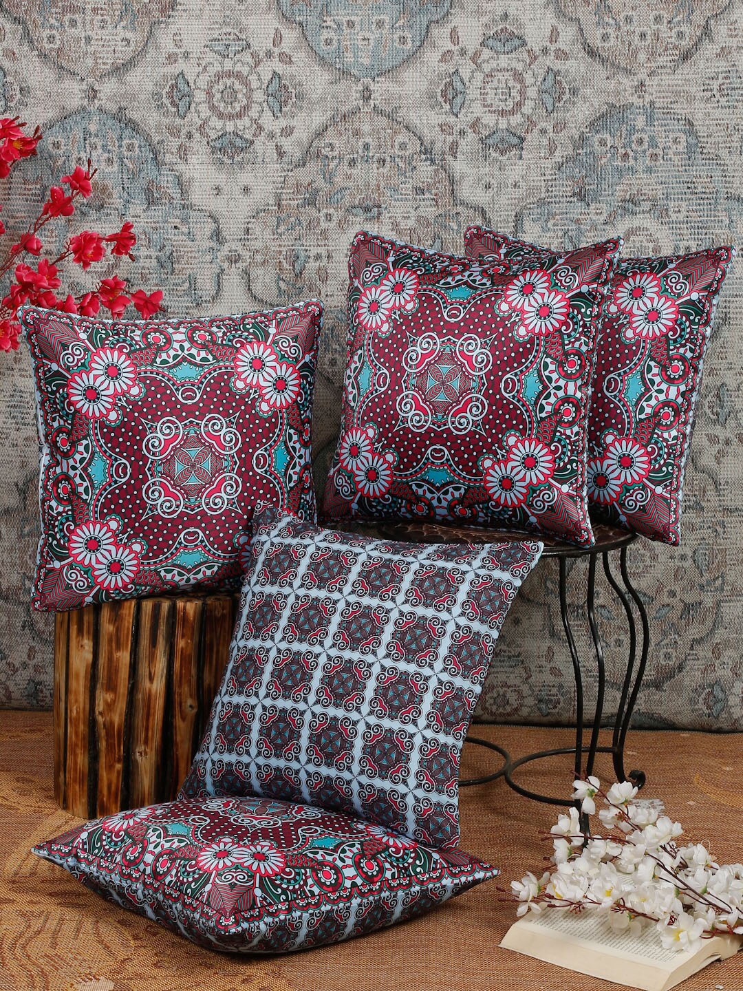 

Alina decor Maroon & Blue 5 Pieces Ethnic Motifs Square Cushion Covers