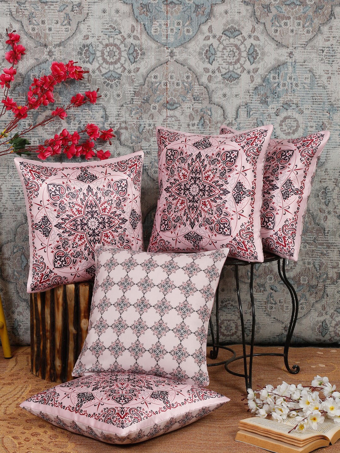 

Alina decor Pink & Red 5 Pieces Ethnic Motifs Square Cushion Covers