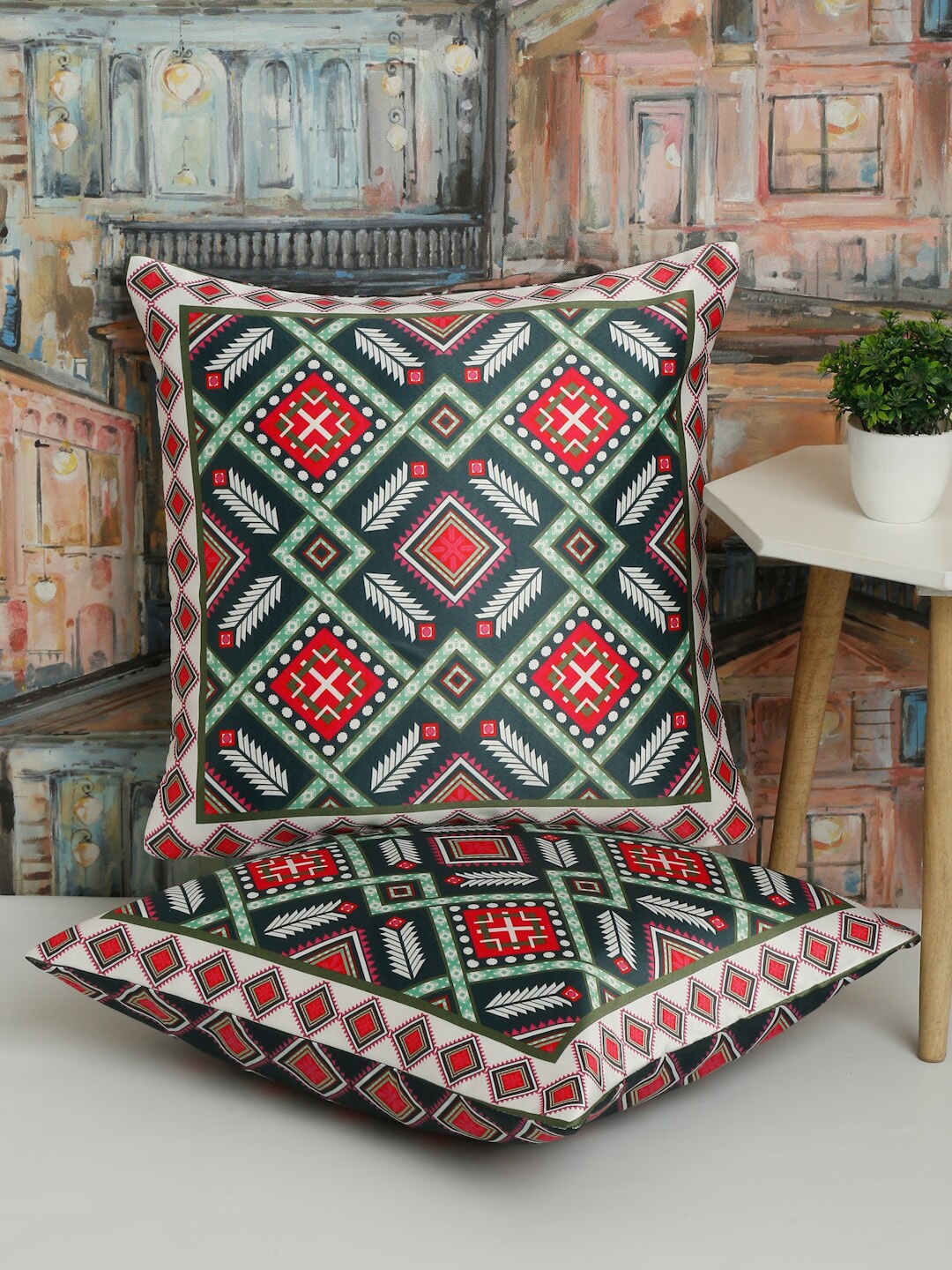 

Alina decor Green & White 2 Pieces Ethnic Motifs Square Cushion Covers